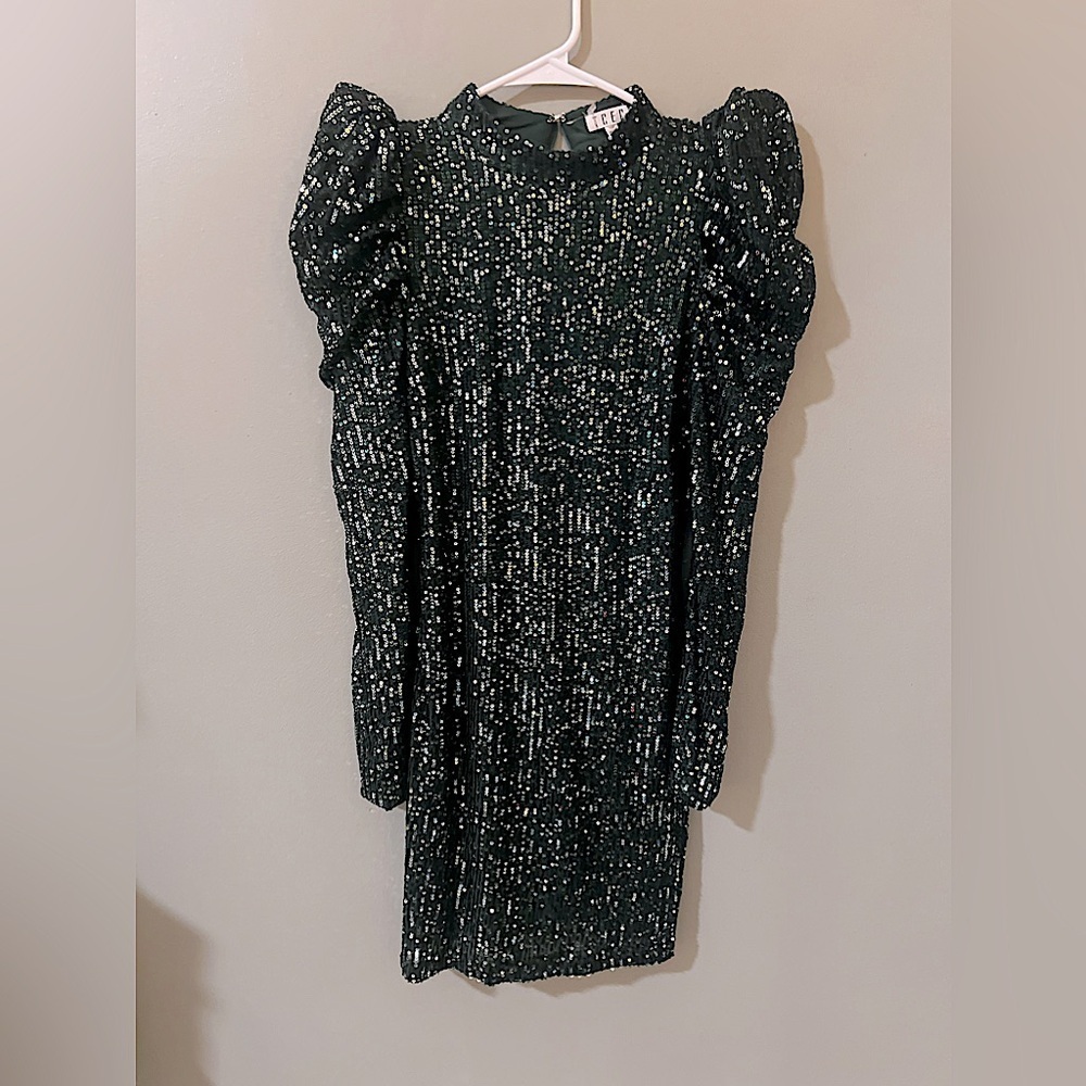 TCEC women's emerald green sequin embellished metallic long sleeve dress S